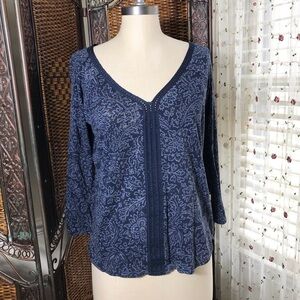 Lucky Brand Navy Blue Paisley V-Neck Long Sleeve Top